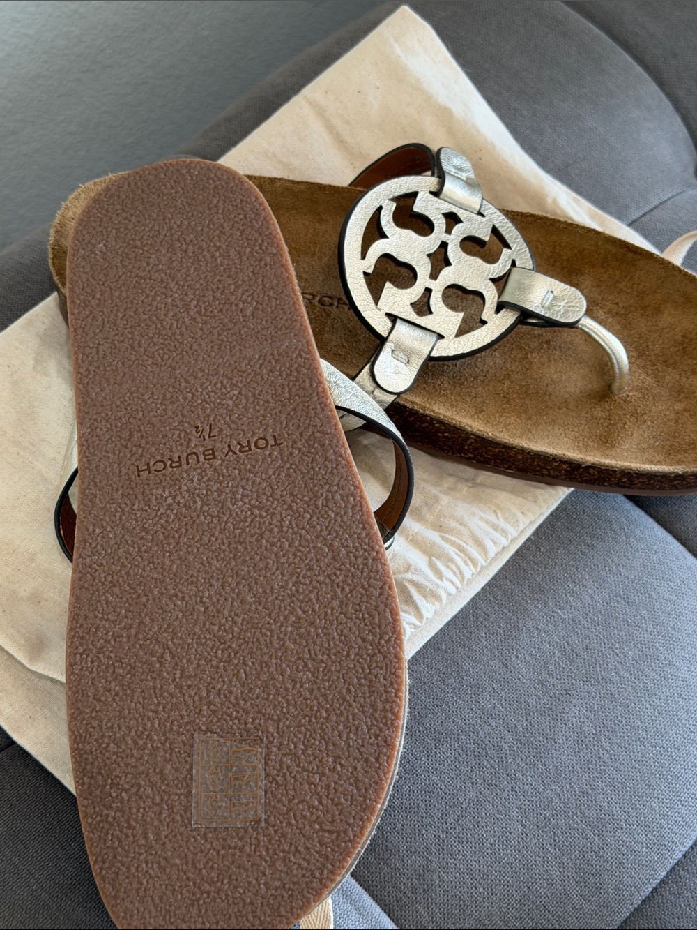 Tory Burch Metallic Gold Logo Thong Sandals with Brown Cork Footbed - Picture 3 of 5